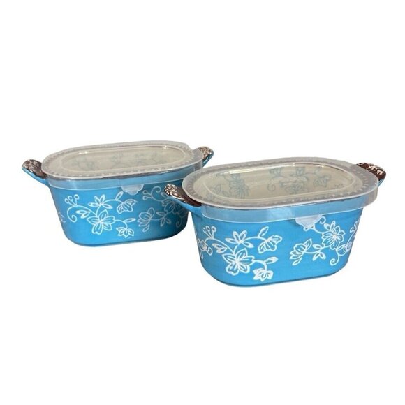 Temp-tations by Tara blue Floral Lace ramekins with lids 10oz Set Of 2 - Picture 1 of 9